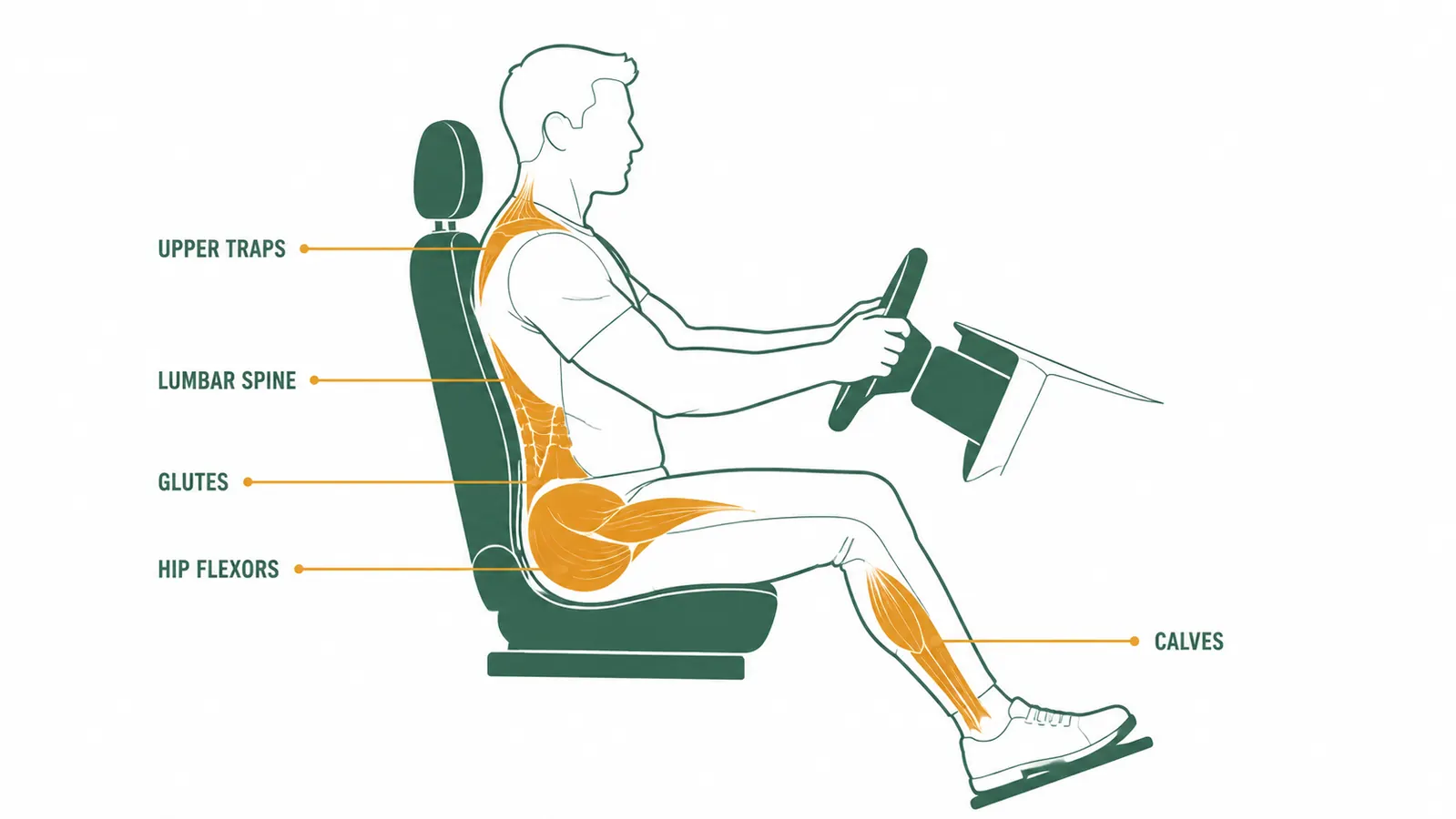 Diagram showing the muscle groups most affected by long-hours driving: lumbar, glutes, hip flexors, neck and traps