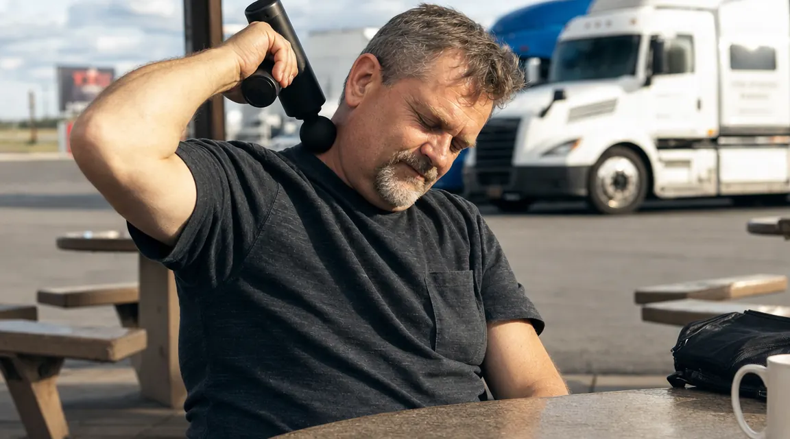 Truck driver sitting on a folding chair at a truck stop, using a massage gun on his upper trapezius after a long haul