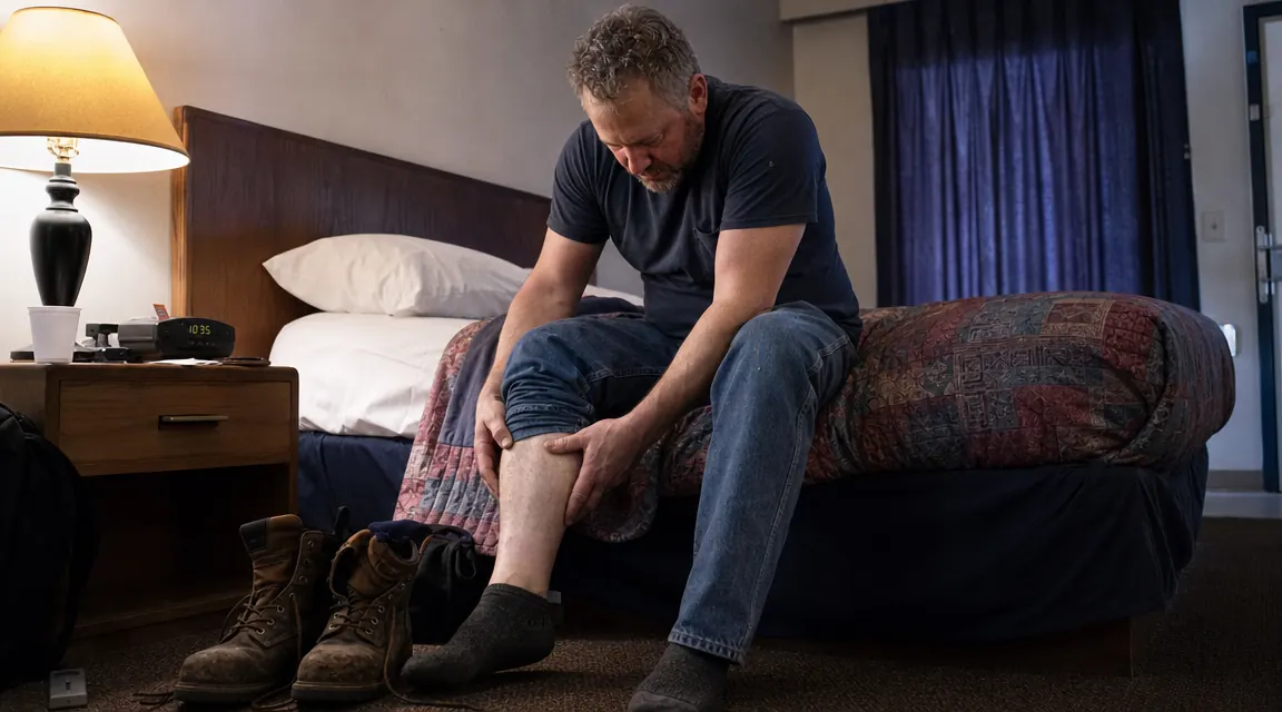 Tired truck driver sitting on edge of motel bed rubbing calf, boots on the floor beside him