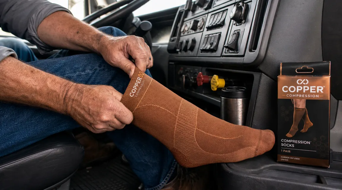 Close-up of compression socks being pulled on over the foot and ankle, stainless travel mug visible nearby