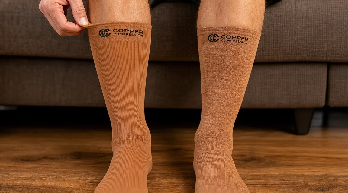 Three compression socks side by side showing new tight ribbing versus softened cuff after repeated washing