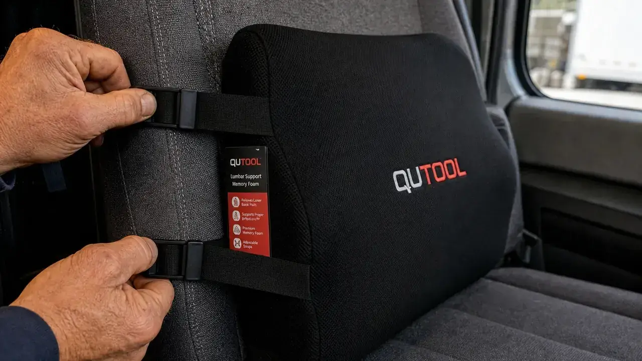 Hands adjusting the dual straps on a QUTOOL lumbar support pillow before placing it on a car seat
