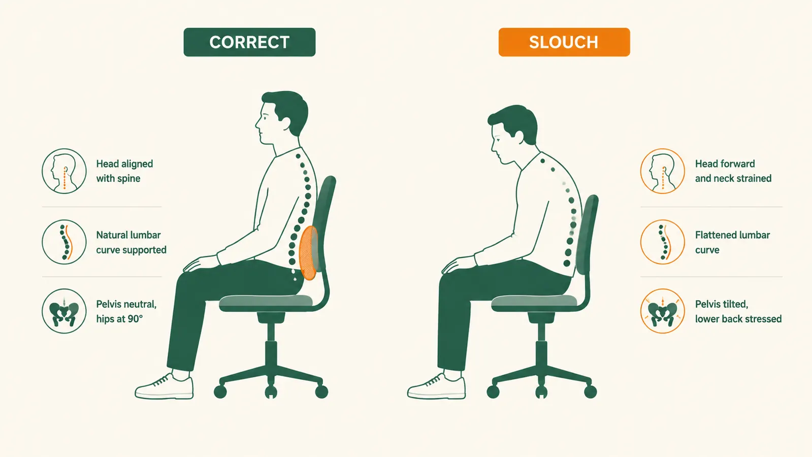 Side-view diagram showing correct lumbar curve position versus slouched position in a vehicle seat
