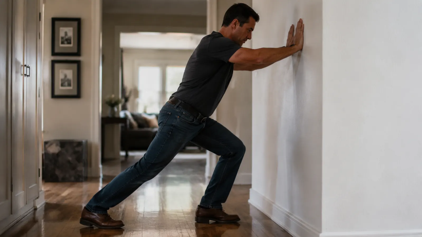 Person performing a calf stretch against a wall after a work shift, casual clothes