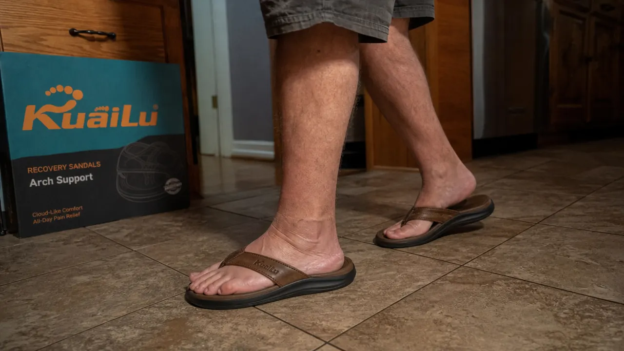 Person wearing recovery sandals walking on a home kitchen floor, casual evening setting