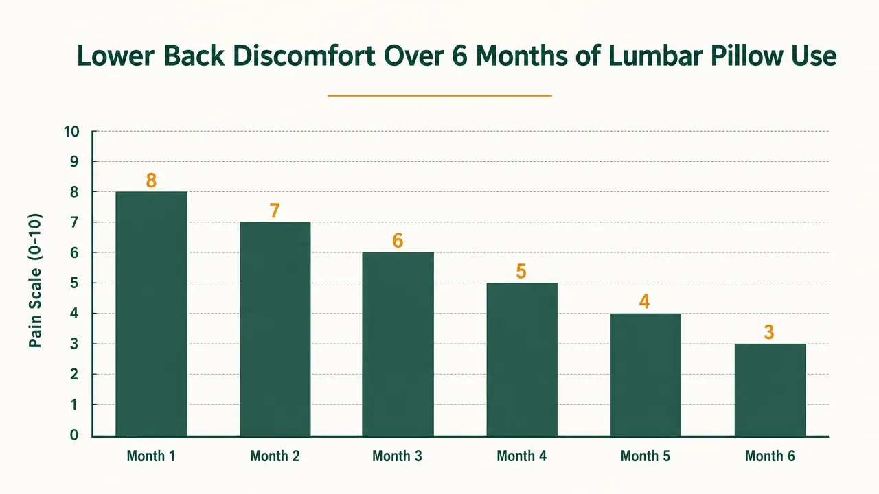 Chart showing lower back pain level on a scale of 1 to 10 over six months of lumbar pillow use, starting high and trending down
