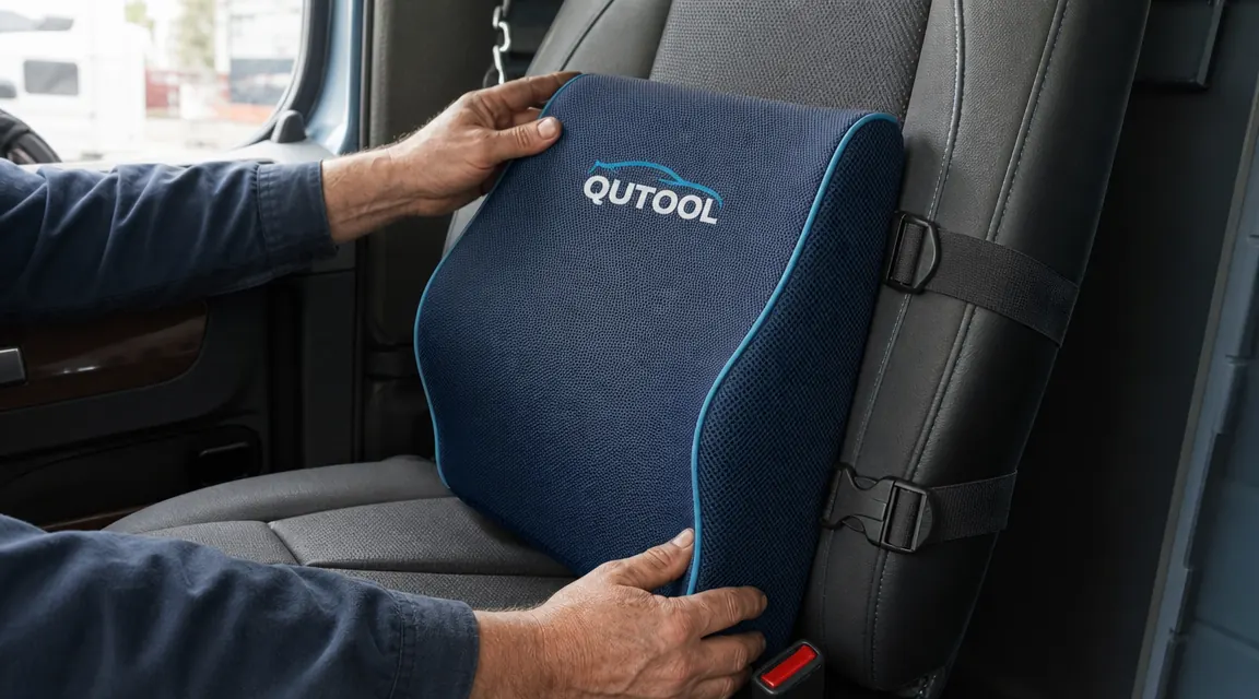 QUTOOL lumbar support pillow placed on a truck driver seat with the dual adjustment straps visible