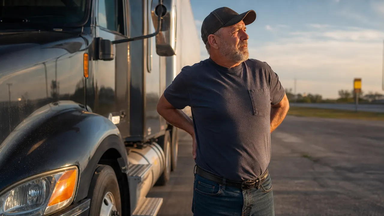 Truck driver standing at a rest stop stretching his lower back with hands on hips, semi in background