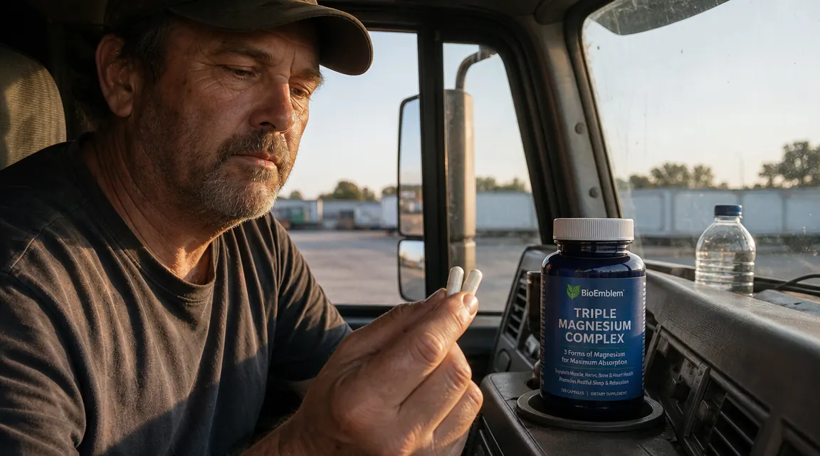 Hand placing two magnesium capsules from a BioEmblem bottle onto a weathered truck dashboard next to a water bottle