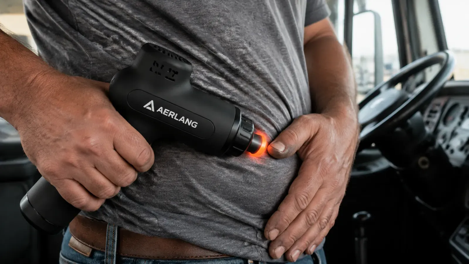 The AERLANG massage gun resting on a cab center console next to a water bottle and a logbook, overhead cab light on