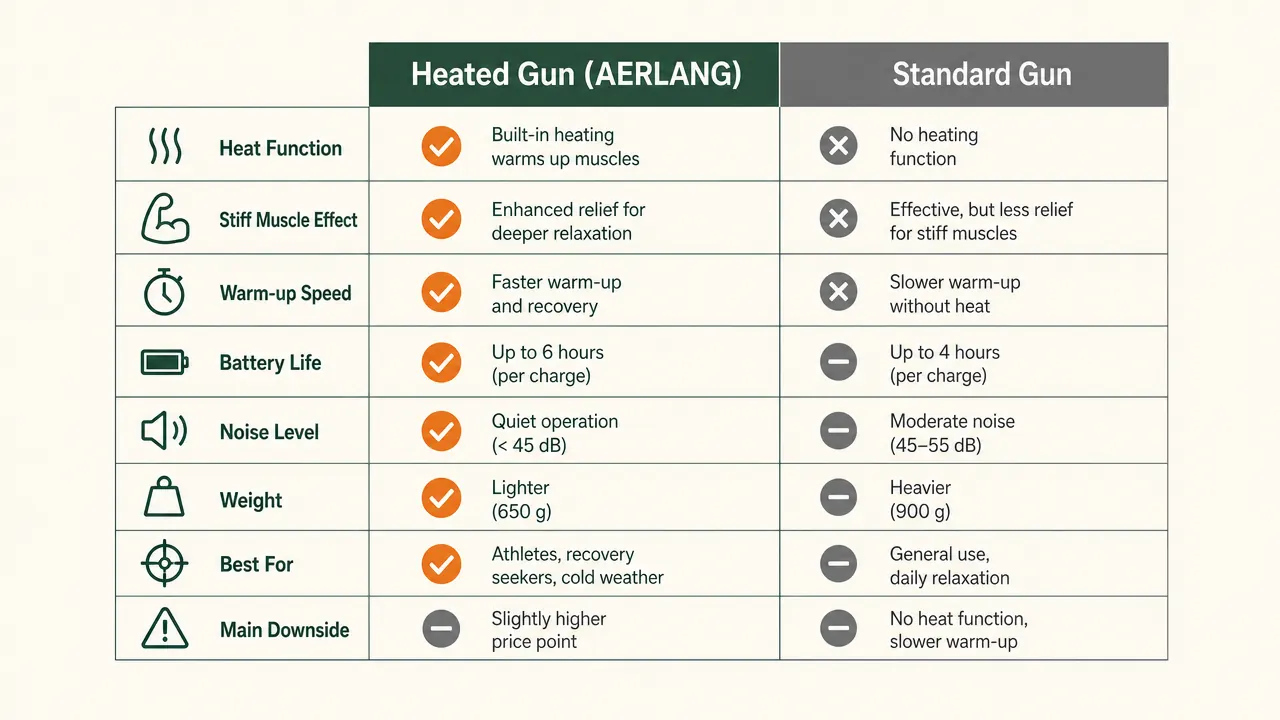 Side-by-side chart comparing heated massage gun and standard massage gun across eight features including heat, battery life, weight, and noise
